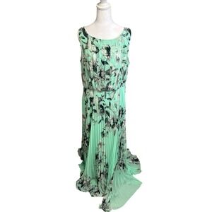 Eliza J Maxi Dress Sz 14 Mint Green Floral Pleated Chiffon Sleeveles Cottagecore